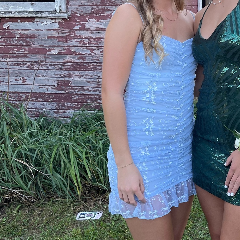 Blue Ruched Homecoming Dress with Floral Details